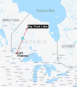 Map showing the route from Armstrong to Big Trout Lake